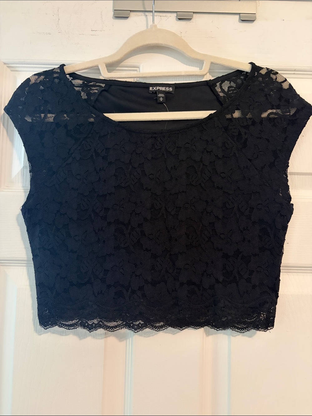 Express Black Lace Crop Top with Cap Sleeves
